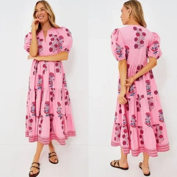 Oliphant Tuckernuck Boca Pink Puff Sleeve Midi Cotton Block Print Dress Size S - Picture 2 of 15